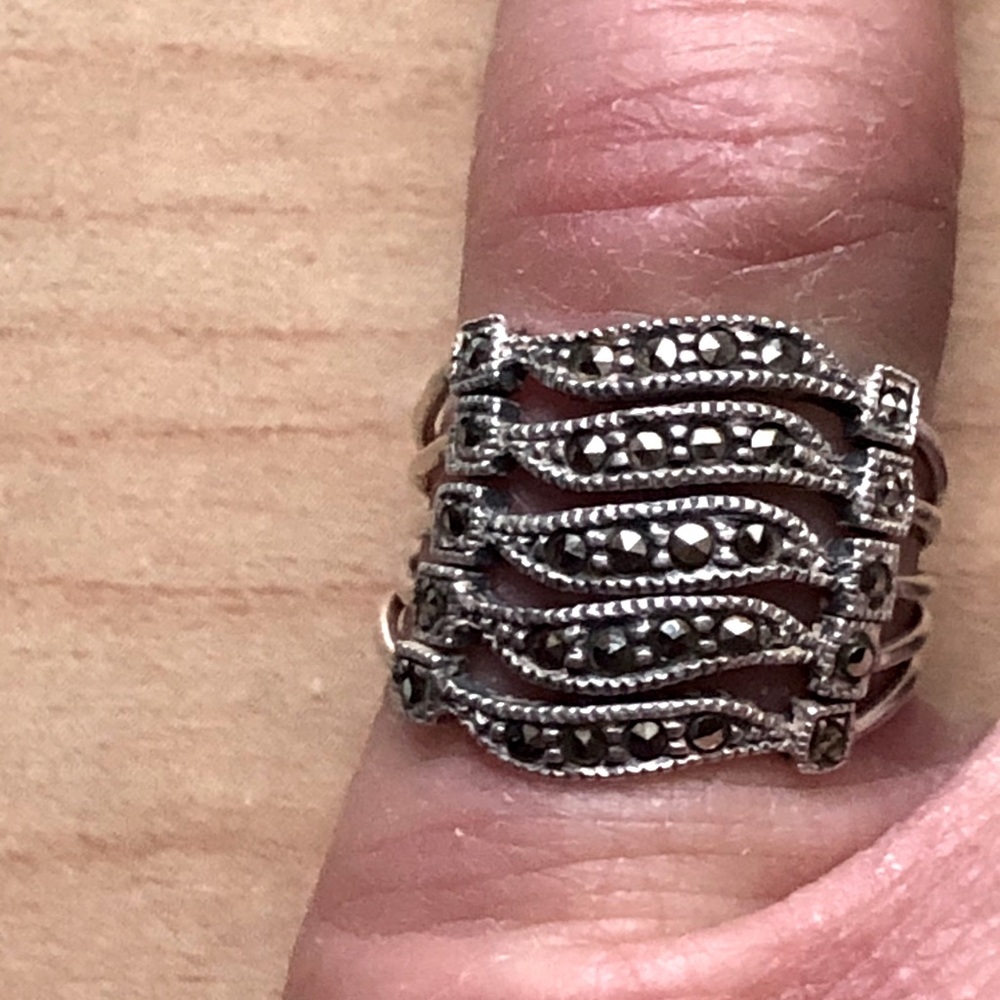 Sterling Silver Wave Band Ring Faux Black Diamond